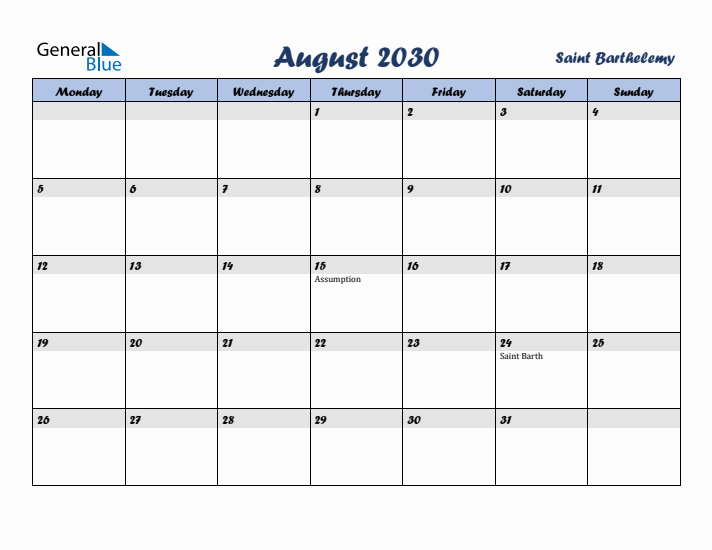 August 2030 Calendar with Holidays in Saint Barthelemy