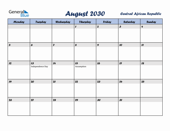 August 2030 Calendar with Holidays in Central African Republic