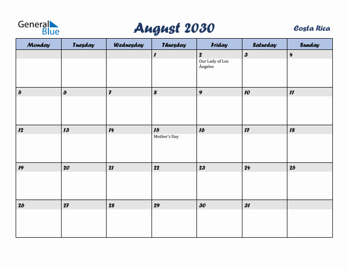 August 2030 Calendar with Holidays in Costa Rica