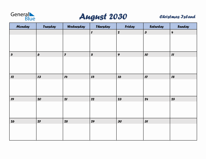 August 2030 Calendar with Holidays in Christmas Island