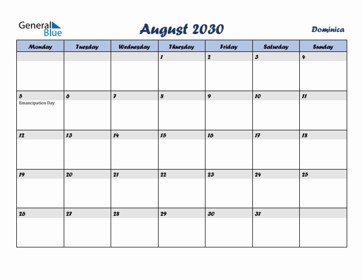 August 2030 Calendar with Holidays in Dominica