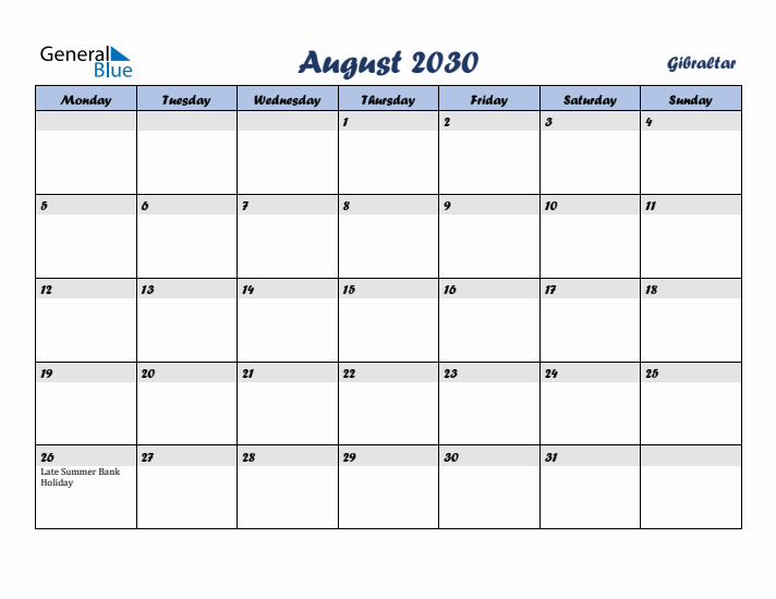 August 2030 Calendar with Holidays in Gibraltar