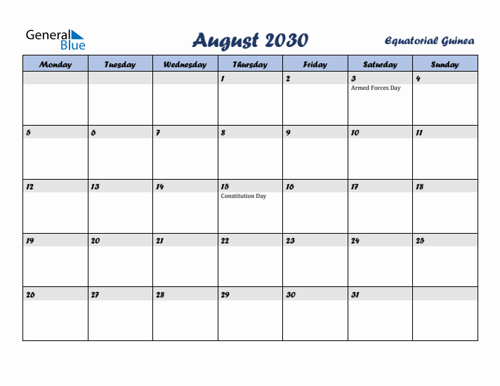 August 2030 Calendar with Holidays in Equatorial Guinea