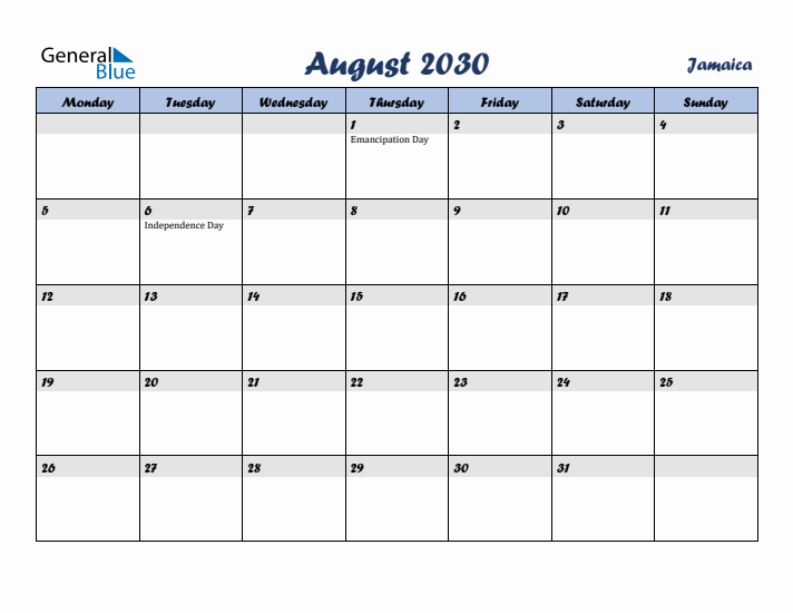 August 2030 Calendar with Holidays in Jamaica