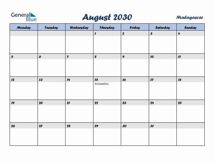 August 2030 Calendar with Holidays in Madagascar