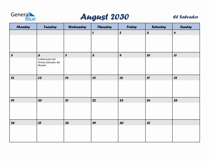 August 2030 Calendar with Holidays in El Salvador