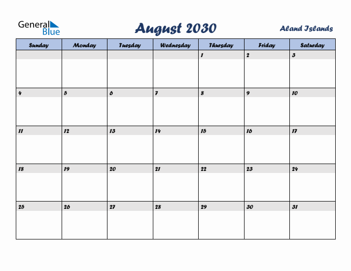 August 2030 Calendar with Holidays in Aland Islands