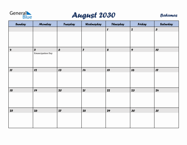 August 2030 Calendar with Holidays in Bahamas