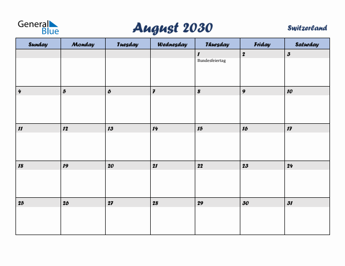 August 2030 Calendar with Holidays in Switzerland