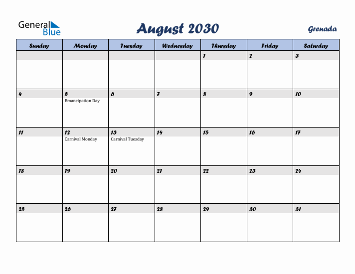 August 2030 Calendar with Holidays in Grenada