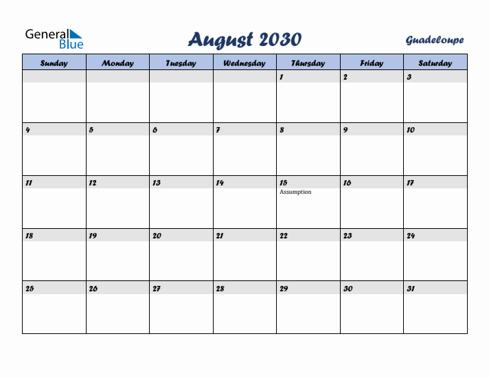 August 2030 Calendar with Holidays in Guadeloupe