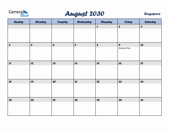 August 2030 Calendar with Holidays in Singapore