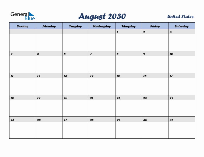 August 2030 Calendar with Holidays in United States