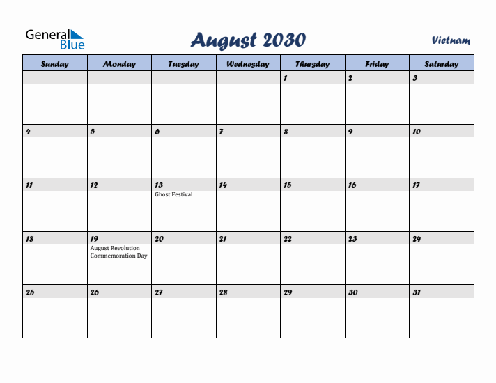 August 2030 Calendar with Holidays in Vietnam