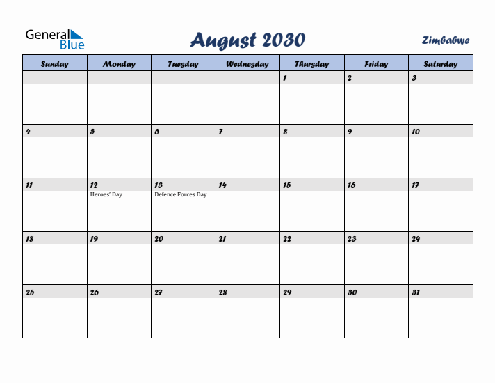 August 2030 Calendar with Holidays in Zimbabwe