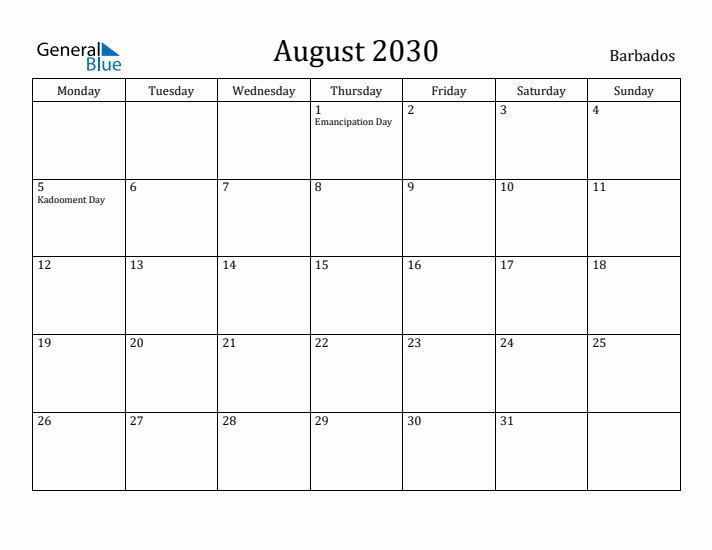 August 2030 Calendar Barbados