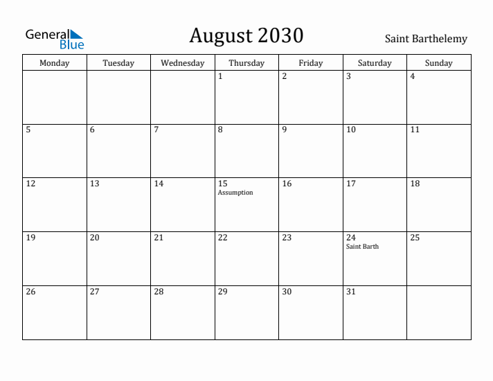 August 2030 Calendar Saint Barthelemy