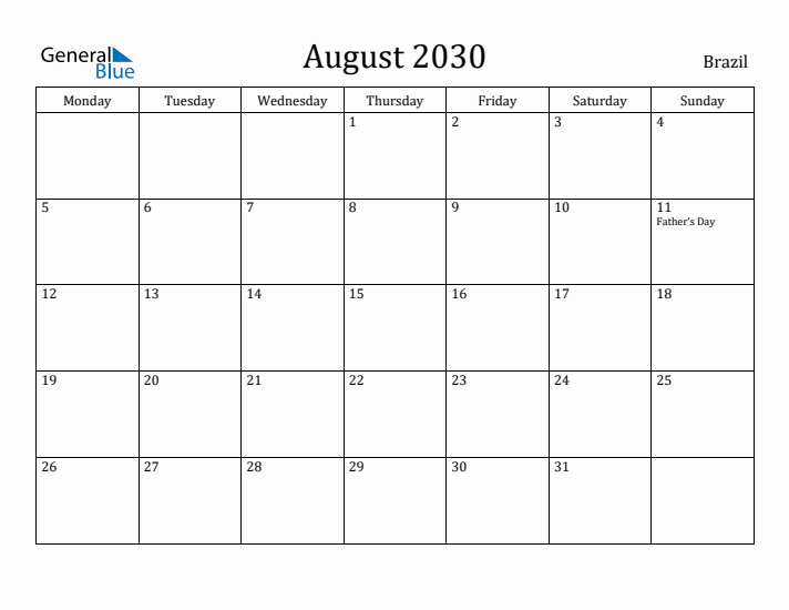 August 2030 Calendar Brazil