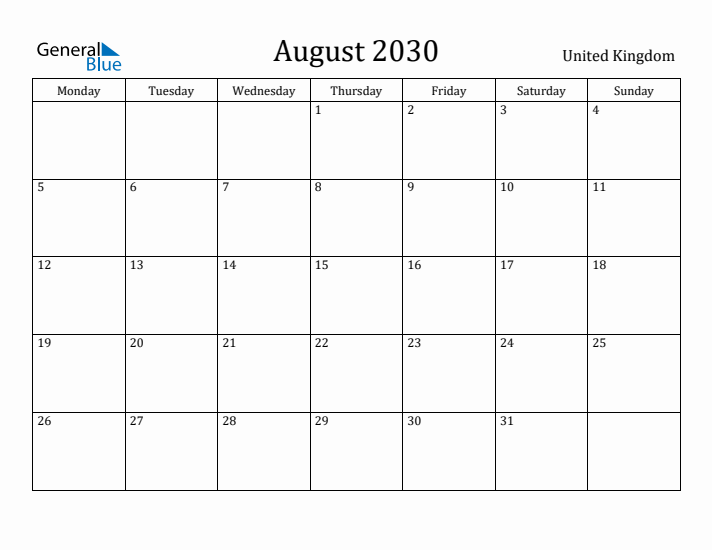 August 2030 Calendar United Kingdom