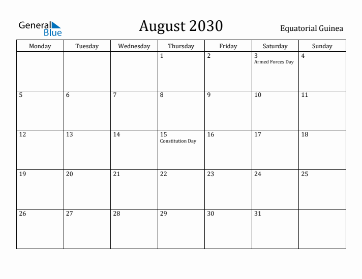 August 2030 Calendar Equatorial Guinea