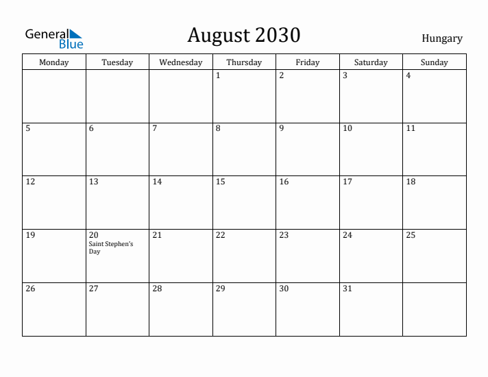 August 2030 Calendar Hungary