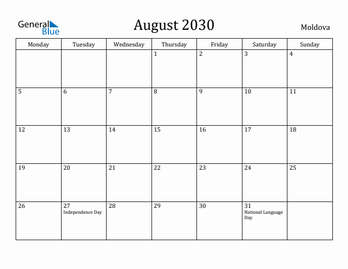 August 2030 Calendar Moldova