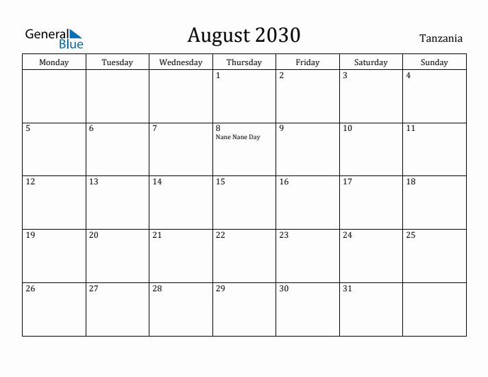 August 2030 Calendar Tanzania