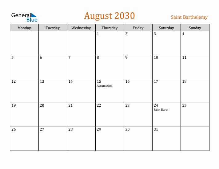 August 2030 Holiday Calendar with Monday Start