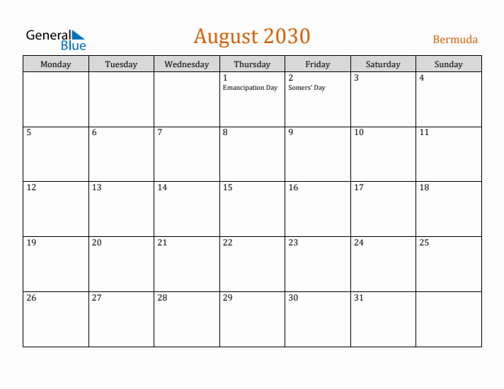 August 2030 Holiday Calendar with Monday Start