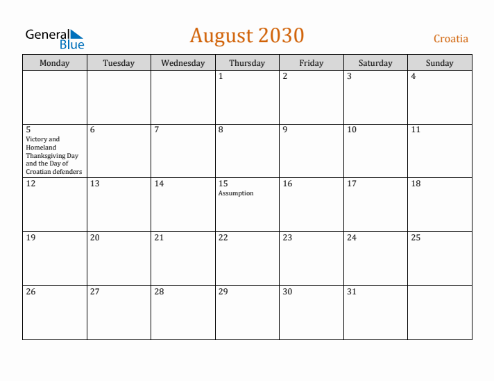 August 2030 Holiday Calendar with Monday Start