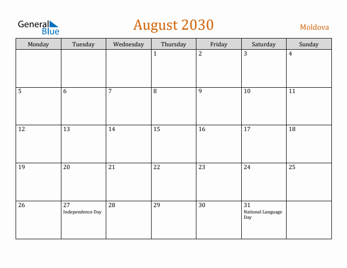 August 2030 Holiday Calendar with Monday Start