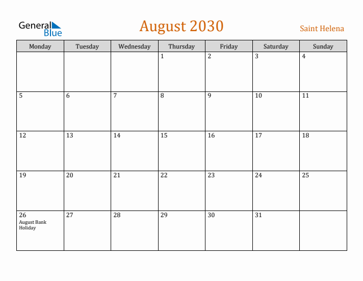 August 2030 Holiday Calendar with Monday Start