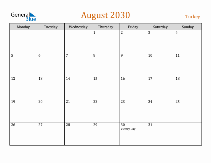 August 2030 Holiday Calendar with Monday Start