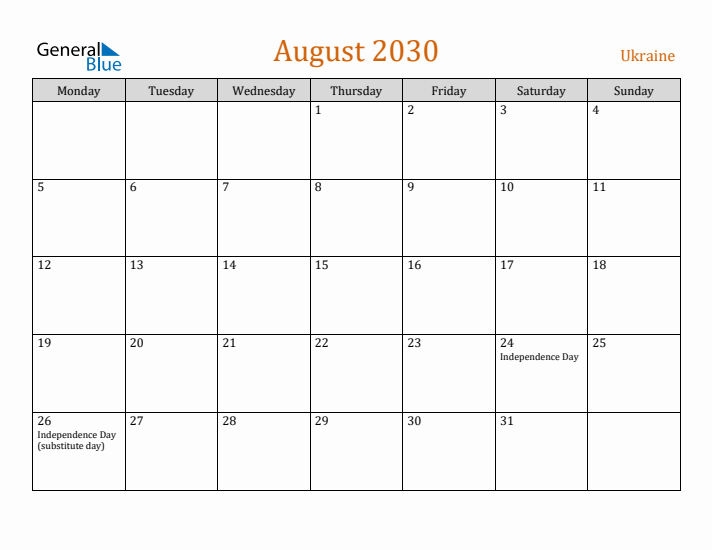 August 2030 Holiday Calendar with Monday Start