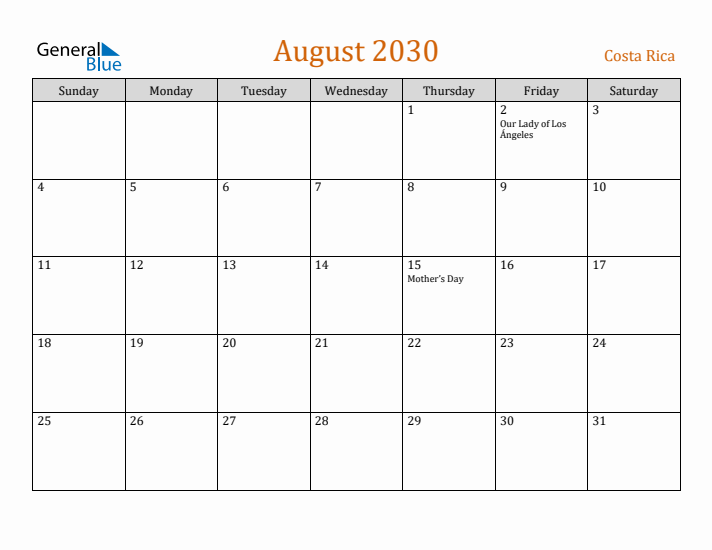 August 2030 Holiday Calendar with Sunday Start