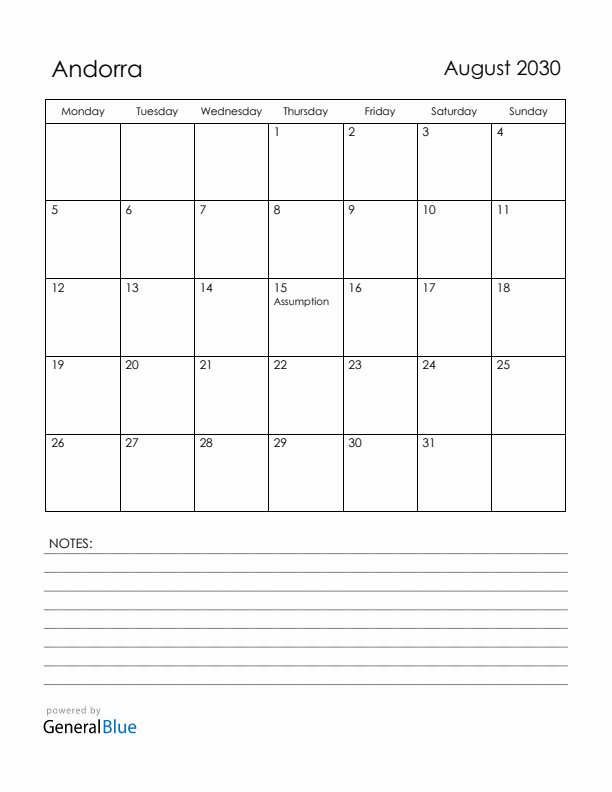 August 2030 Andorra Calendar with Holidays (Monday Start)