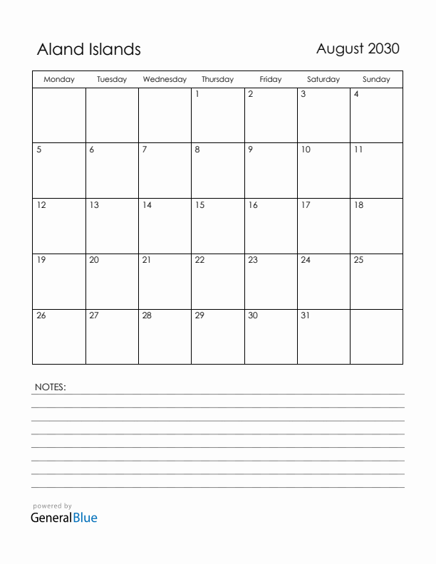 August 2030 Aland Islands Calendar with Holidays (Monday Start)