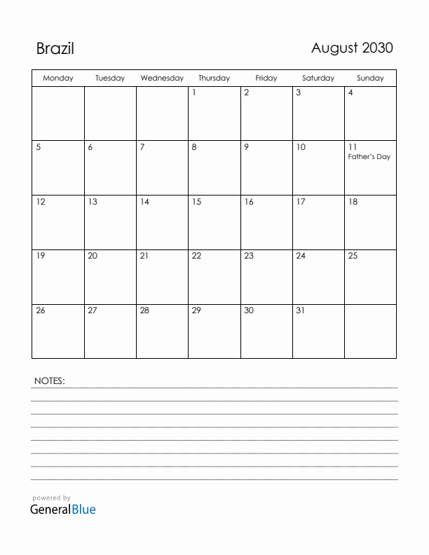 August 2030 Brazil Calendar with Holidays (Monday Start)