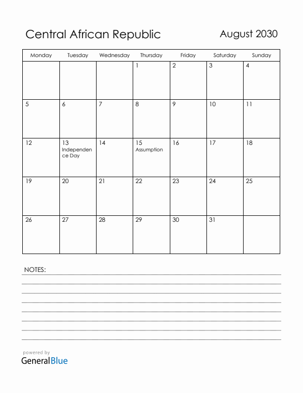 August 2030 Central African Republic Calendar with Holidays (Monday Start)