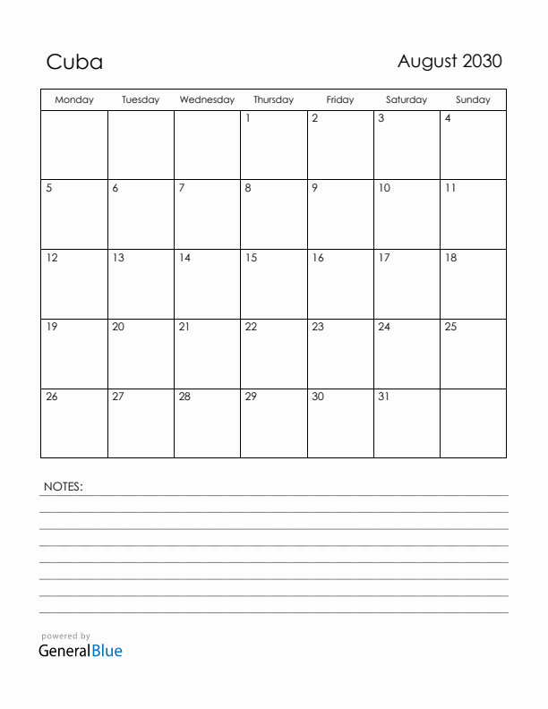 August 2030 Cuba Calendar with Holidays (Monday Start)