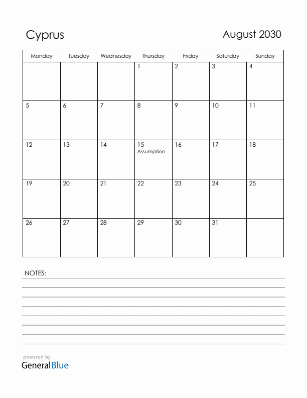 August 2030 Cyprus Calendar with Holidays (Monday Start)