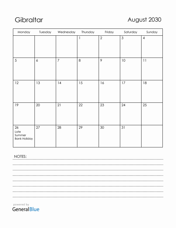 August 2030 Gibraltar Calendar with Holidays (Monday Start)
