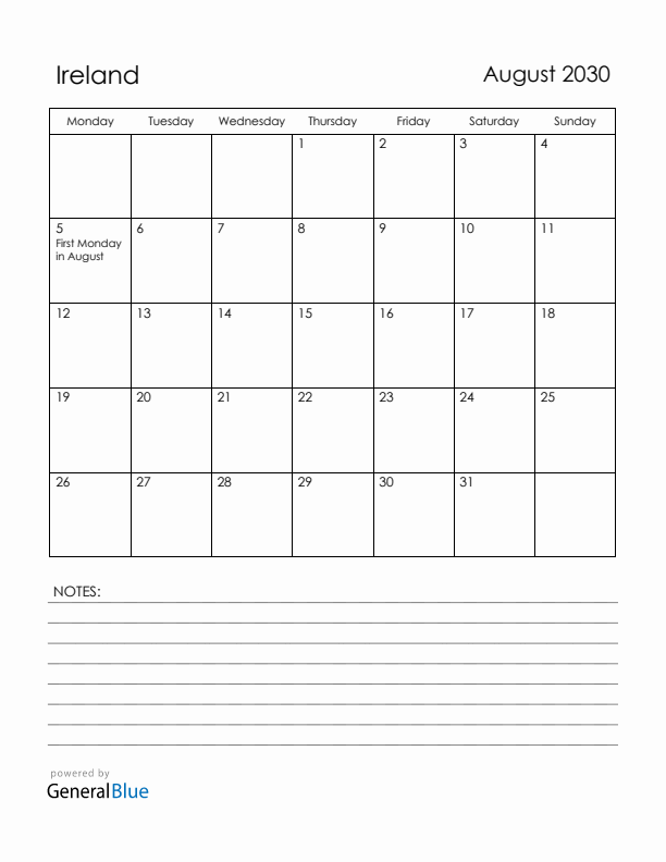 August 2030 Ireland Calendar with Holidays (Monday Start)