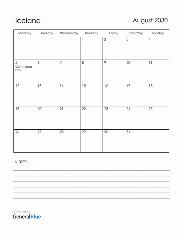 August 2030 Iceland Calendar with Holidays (Monday Start)