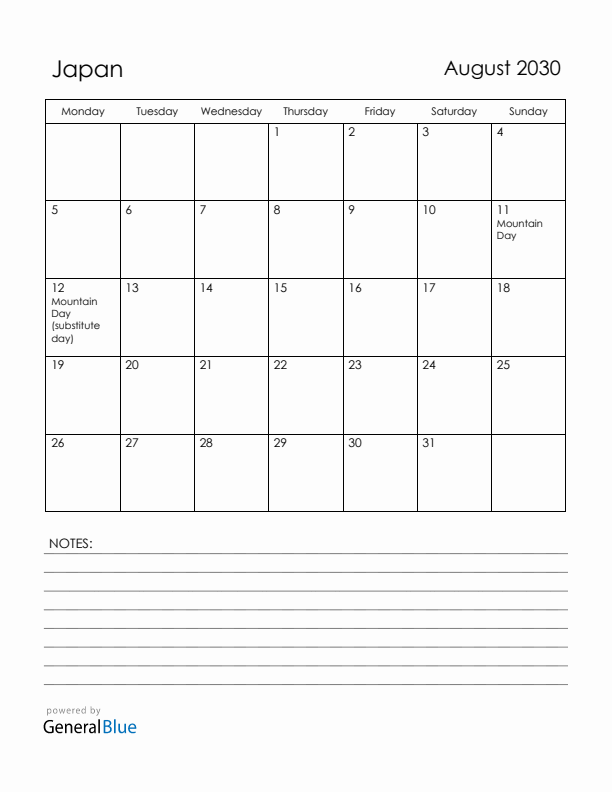 August 2030 Japan Calendar with Holidays (Monday Start)