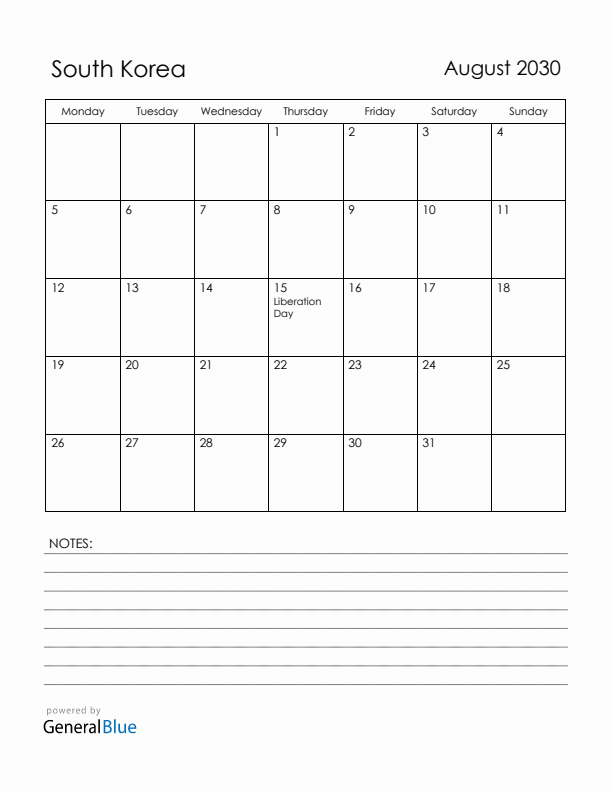 August 2030 South Korea Calendar with Holidays (Monday Start)