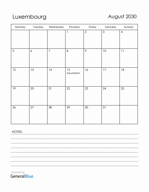 August 2030 Luxembourg Calendar with Holidays (Monday Start)