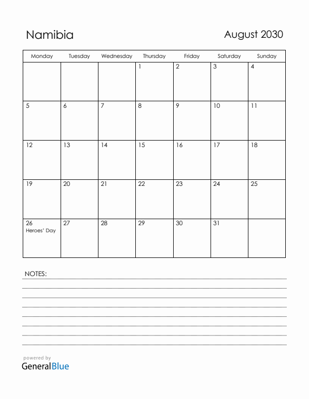August 2030 Namibia Calendar with Holidays (Monday Start)