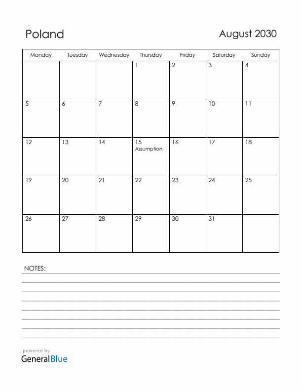 August 2030 Poland Calendar with Holidays (Monday Start)