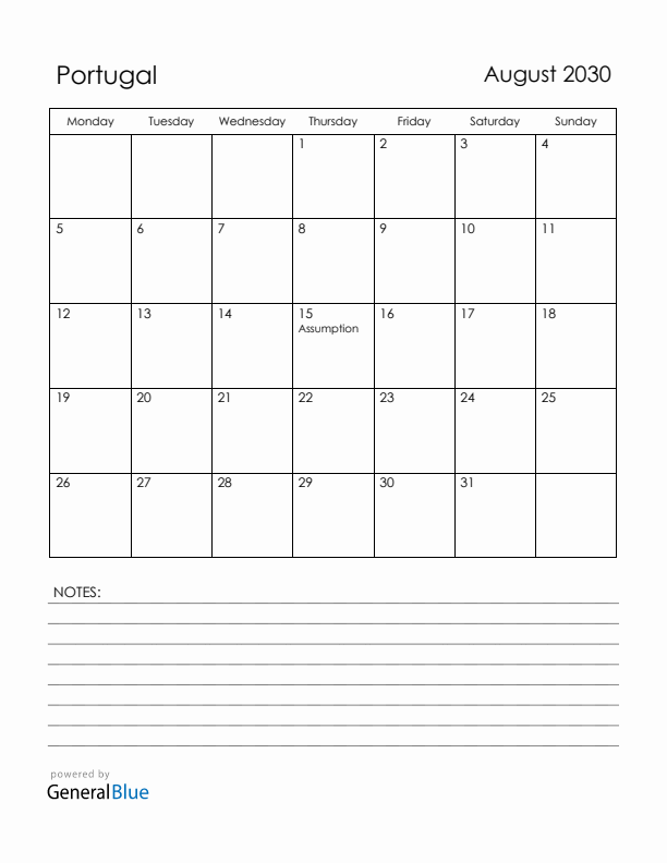 August 2030 Portugal Calendar with Holidays (Monday Start)